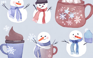 Watercolor winter seamless pattern with snowman, cup of hot drink and scarf