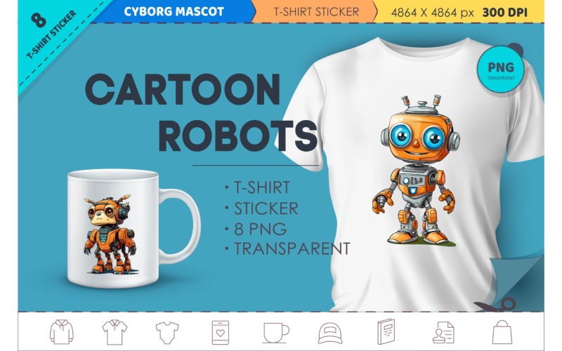 Cartoon cool robots. T-Shirt, Sticker. Illustration