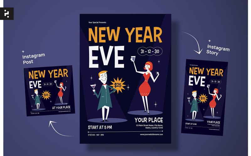 New Year Eve Flyer Mid Century Theme Corporate Identity