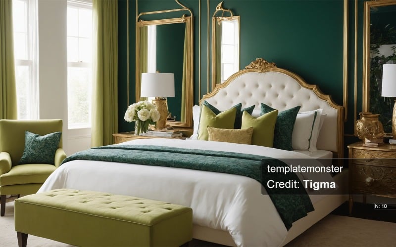 Green and Gold Bedroom Design: A Stunning and Realistic Image for Your Home Decor Illustration