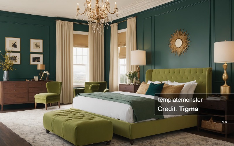 Luxurious Bedroom with Green and Gold Color Scheme - Digital Download Illustration