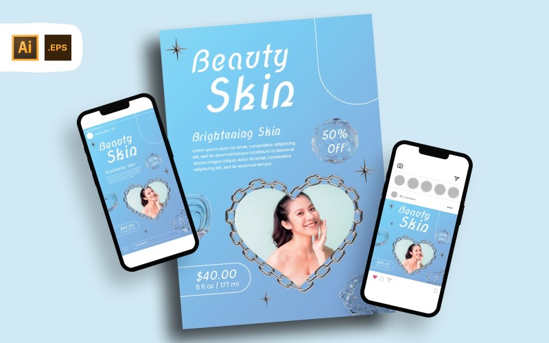 Y2K Blue Fresh Beauty Brightening Skin Flyer Template Corporate Identity