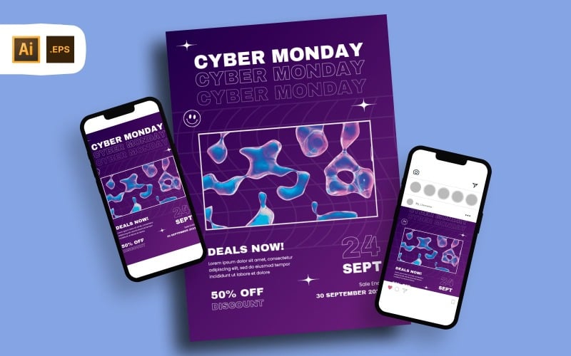 Y2K Purple Blue Cyber Monday Flyer Template Corporate Identity