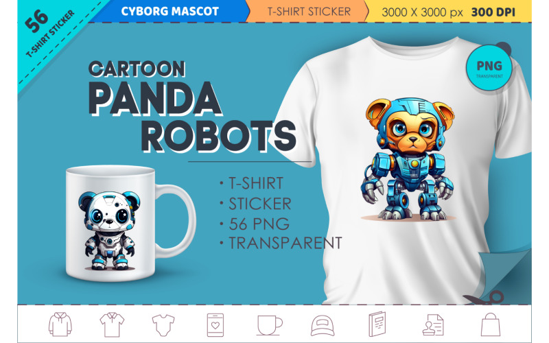 Cartoon panda robots. T-Shirt, Sticker. Illustration