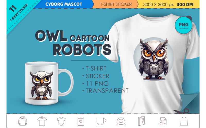 Cartoon owl robots. T-Shirt, Sticker. Illustration
