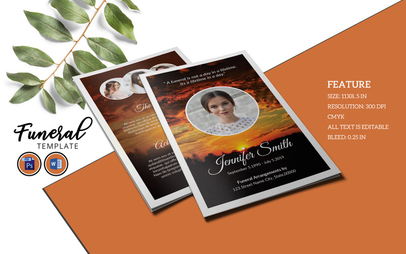 Sunset Funeral Program Template. Ms Word and Photoshop template Corporate Identity