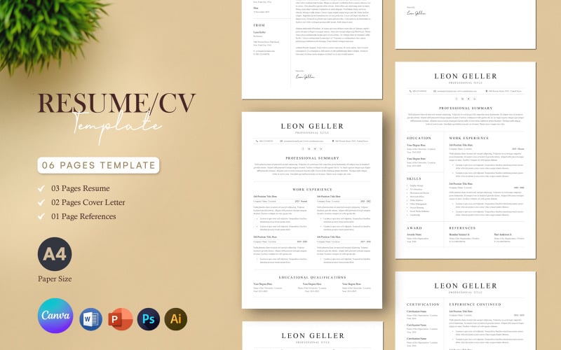 Modern Resume Pack | Canva, Word, Photoshop, Illustrator, Powerpoint CV Resume Template