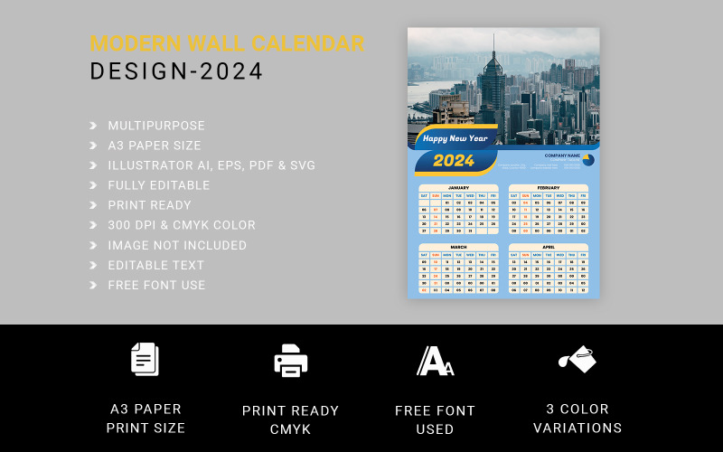 Modern 3 Pages Wall Calendar Design 2024 Template Design Corporate Identity
