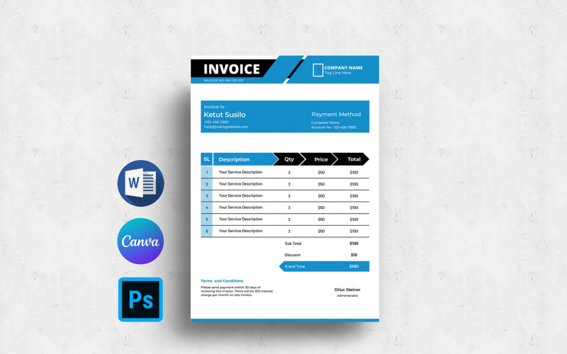 Minimal Invoice Design Template. Word, Psd and Canva Corporate Identity