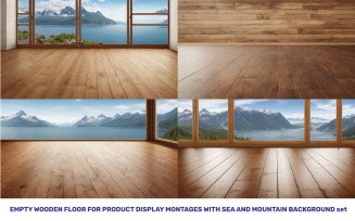 Empty wooden floor for product display montages with sea and mountain background. High quality photo