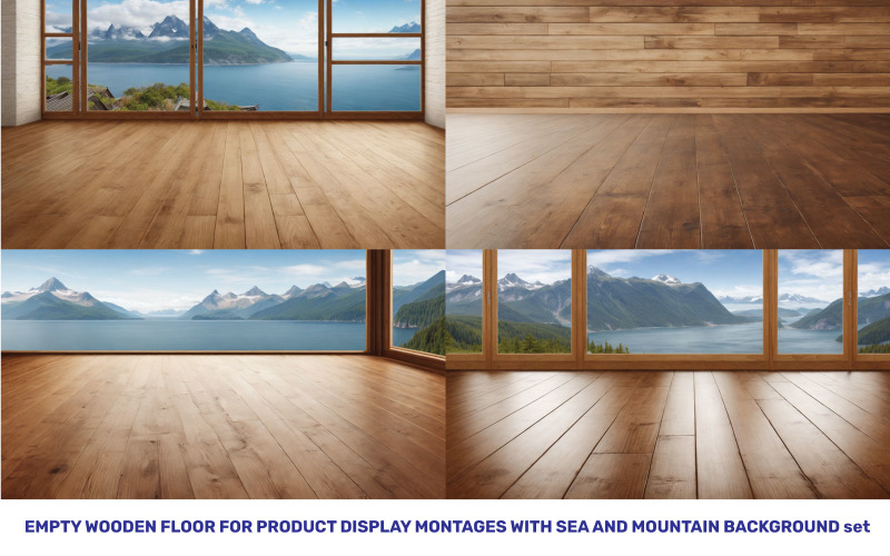 Empty wooden floor for product display montages with sea and mountain background. High quality photo Background