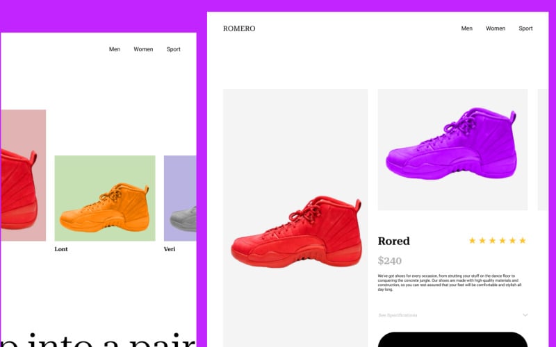 History of shoes ecommerce website UI Element
