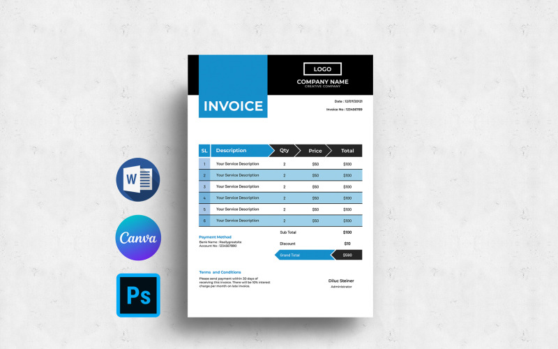 Clean Invoice Template. Canva, Word and Psd Corporate Identity