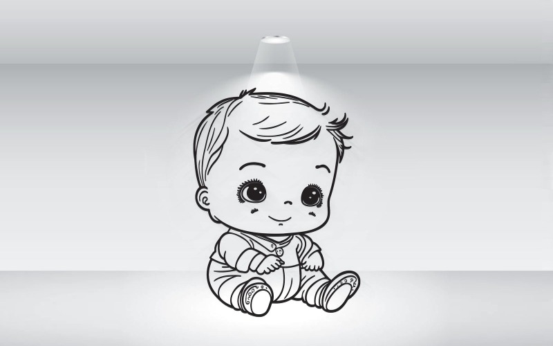 Cute Little Boy Black Outline Illustration Vector