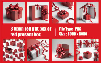 8 set Open red gift box or red present box with red ribbons and bow isolated on white background