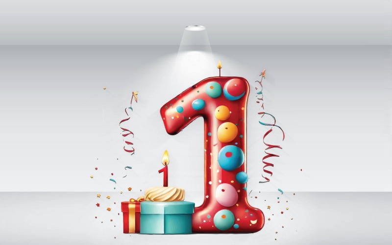 Number One For Birthday With Candle And Cake Vector Illustration