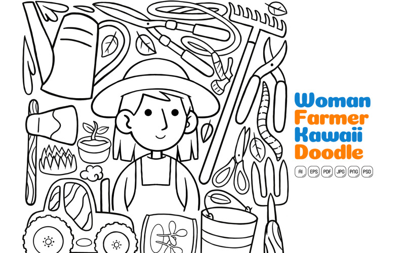 Woman Farmer Kawaii Doodle Vector Illustration Line Art Vector Graphic