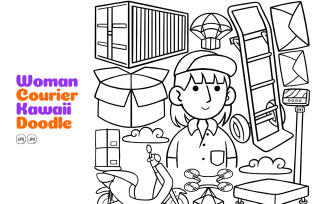 Woman Courier Kawaii Doodle Vector Illustration Line Art