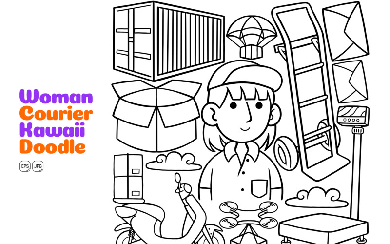 Woman Courier Kawaii Doodle Vector Illustration Line Art Vector Graphic