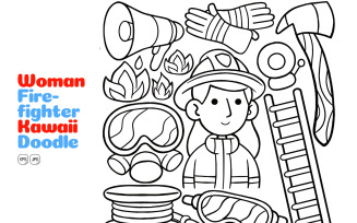Woman Firefighter Kawaii Doodle Vector Illustration Line Art