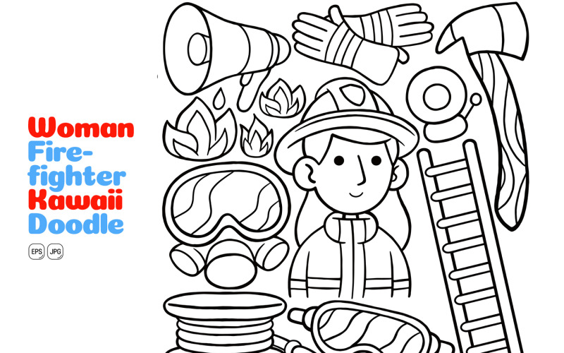 Woman Firefighter Kawaii Doodle Vector Illustration Line Art Vector Graphic