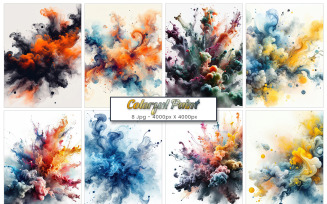 Colorful ink paint splash, splatter brush strokes, orange watercolor powder explosion