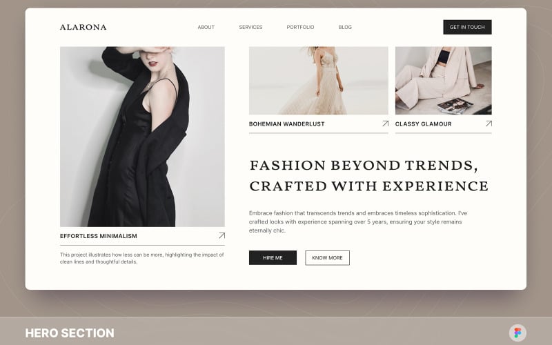 Alarona - Fashion Stylist Portfolio Hero Section Figma Template UI Element