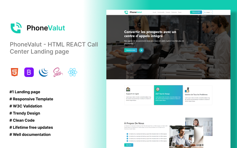 PhoneValut - HTML REACT Call Center Landing page Landing Page Template