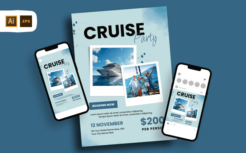 Blue Watercolor Cruise Party Planner Flyer Template Corporate Identity