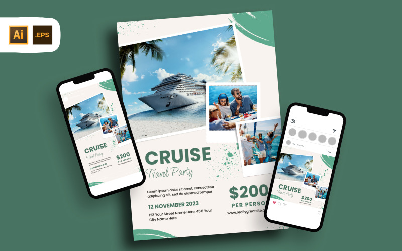 Green Watercolor Cruise Party Flyer Template Corporate Identity