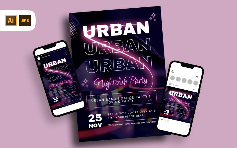 Purple Neon Urban Night Party Flyer Template Corporate Identity