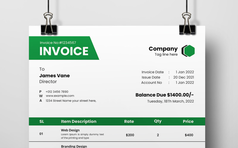 Green Invoice Template Layout Corporate Identity