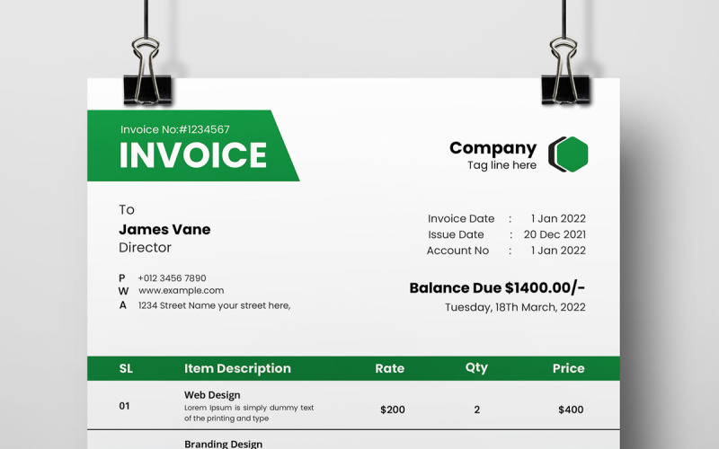 Green Invoice Template Layout Corporate Identity