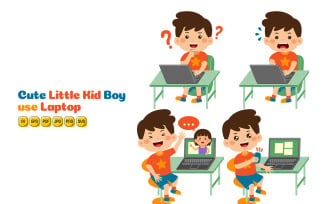 Cute Little Kid Boy use Laptop Vector Pack #01
