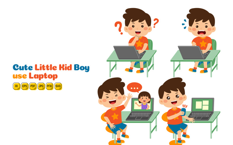 Cute Little Kid Boy use Laptop Vector Pack #01 Vector Graphic