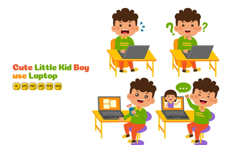 Cute Little Kid Boy use Laptop Vector Pack #02 Vector Graphic