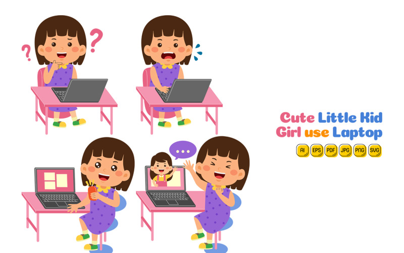 Cute Little Kid Girl use Laptop Vector #02 Vector Graphic