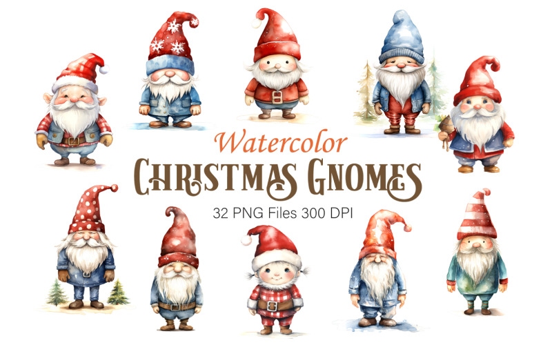 Watercolor Christmas Gnomes. Clipart Bundle. Illustration