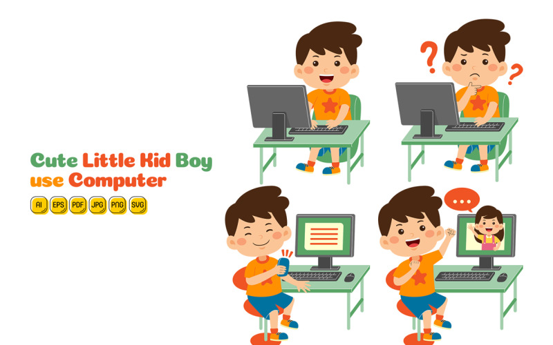 Cute Little Kid Boy use Computer Vector Pack #01 Vector Graphic
