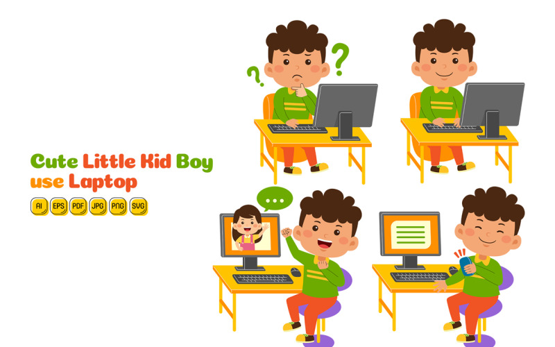 Cute Little Kid Boy use Computer Vector Pack #02 Vector Graphic