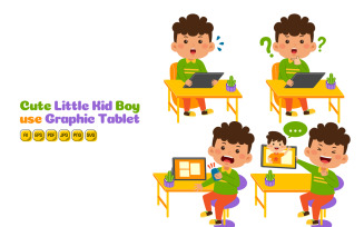 Cute Little Kid Boy use Graphic Tablet Vector Pack #01