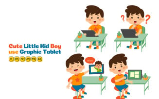 Cute Little Kid Boy use Graphic Tablet Vector Pack #02
