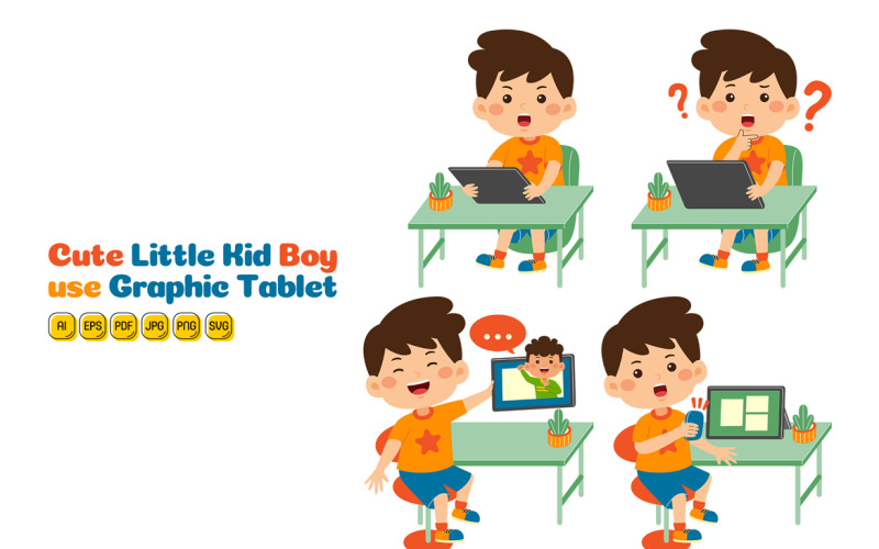 Cute Little Kid Boy use Graphic Tablet Vector Pack #02 Vector Graphic