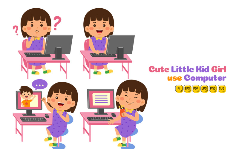 Cute Little Kid Girl use Computer Vector Pack #01 Vector Graphic