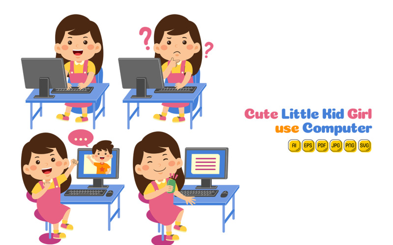 Cute Little Kid Girl use Computer Vector Pack #02 Vector Graphic