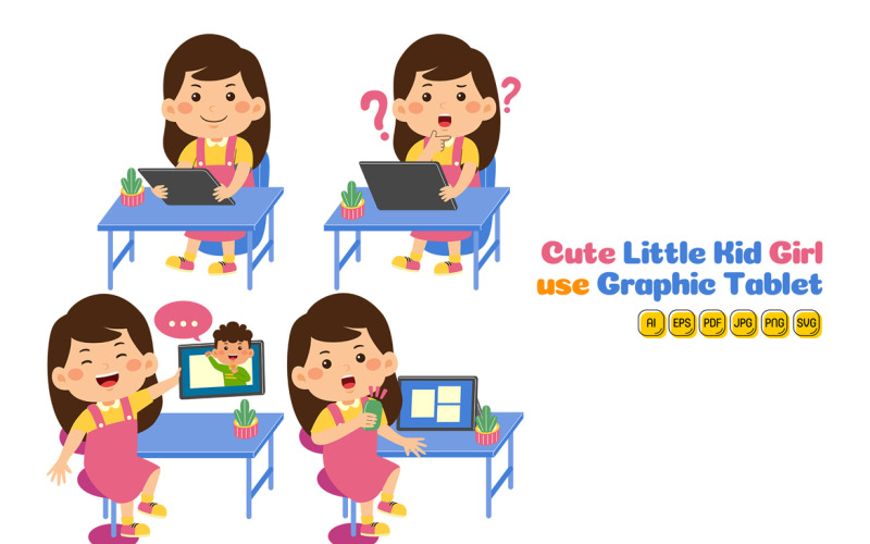Cute Little Kid Girl use Graphic Tablet Vector Pack #01 Vector Graphic