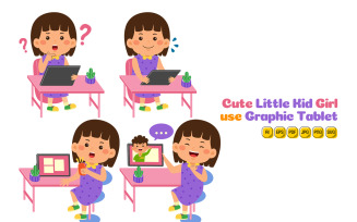 Cute Little Kid Girl use Graphic Tablet Vector Pack #02
