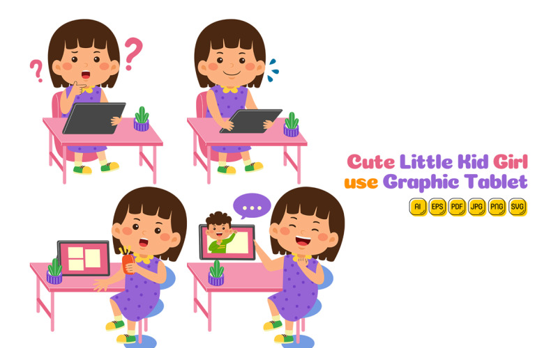 Cute Little Kid Girl use Graphic Tablet Vector Pack #02 Vector Graphic