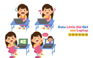 Cute Little Kid Girl use Laptop Vector #01