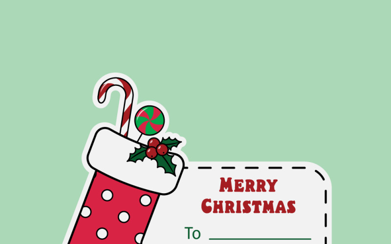 Christmas sticker card in CMYK color mode. Red sock with candy canes and poinsettia berries Vector Graphic